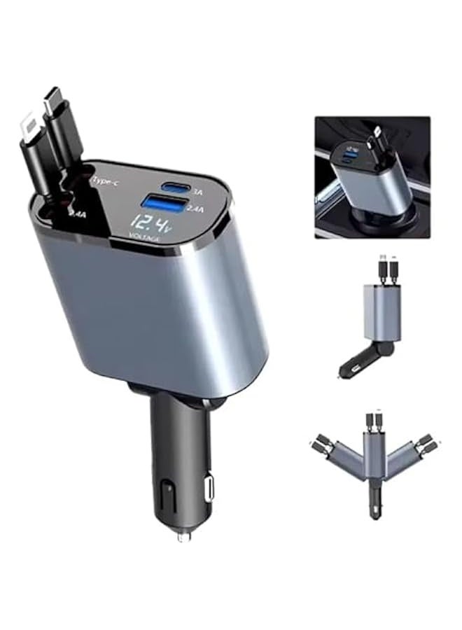 Topleo Super Fast Car Charger for Mobile Phones 120W with Retractable Cord Type C and Lightning iPhone 80cm Length Two Ports Type C and Type A  - Image 1