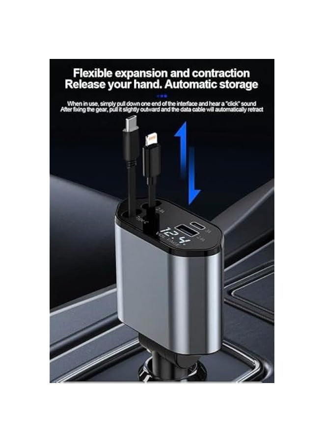 Topleo Super Fast Car Charger for Mobile Phones 120W with Retractable Cord Type C and Lightning iPhone 80cm Length Two Ports Type C and Type A  - Image 3