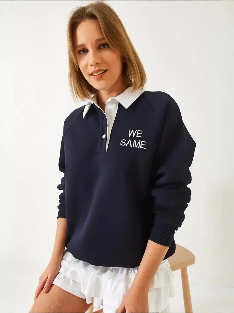 Bianco Lucci LUCCI Embroidered Polo Collar Long Sleeve Sweatshirt