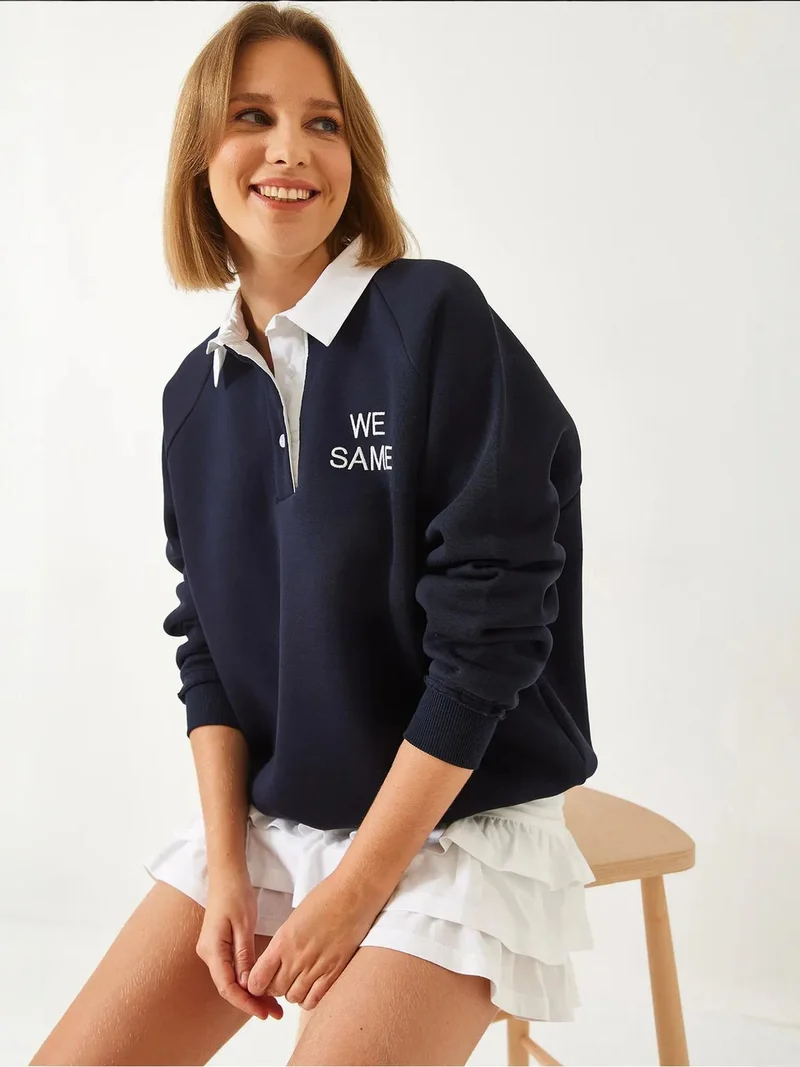 Bianco Lucci LUCCI Embroidered Polo Collar Long Sleeve Sweatshirt