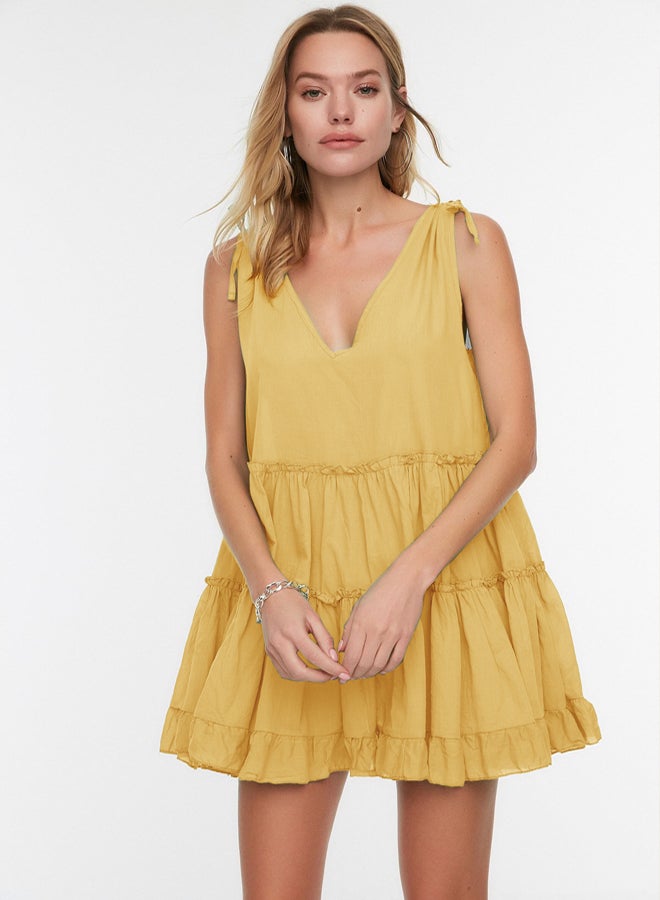 trendyol Yellow Wide Pattern Weaving 100% Cotton Ruffle Mini Beach Dress  - Image 1