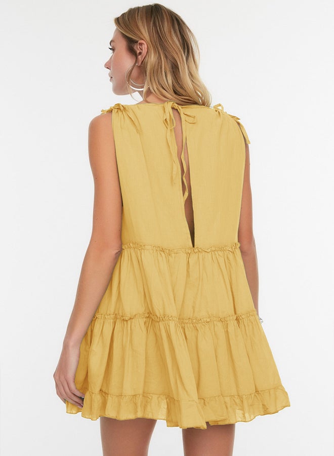 trendyol Yellow Wide Pattern Weaving 100% Cotton Ruffle Mini Beach Dress  - Image 2