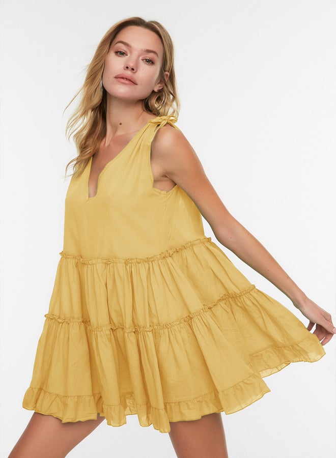 trendyol Yellow Wide Pattern Weaving 100% Cotton Ruffle Mini Beach Dress  - Image 3