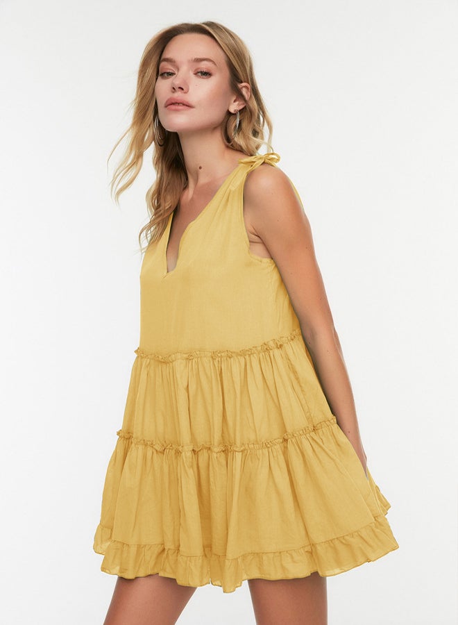 trendyol Yellow Wide Pattern Weaving 100% Cotton Ruffle Mini Beach Dress  - Image 5