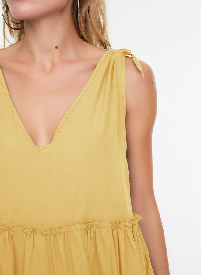 trendyol Yellow Wide Pattern Weaving 100% Cotton Ruffle Mini Beach Dress  - Image 4