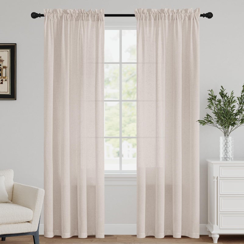 FantasDecor Natural Linen Curtains 84 inch Long Rod Pocket Flax Linen Burlap Semi Sheer with Light Filtering Privacy Window Treatments for Living Room W52 x L84 Natural
