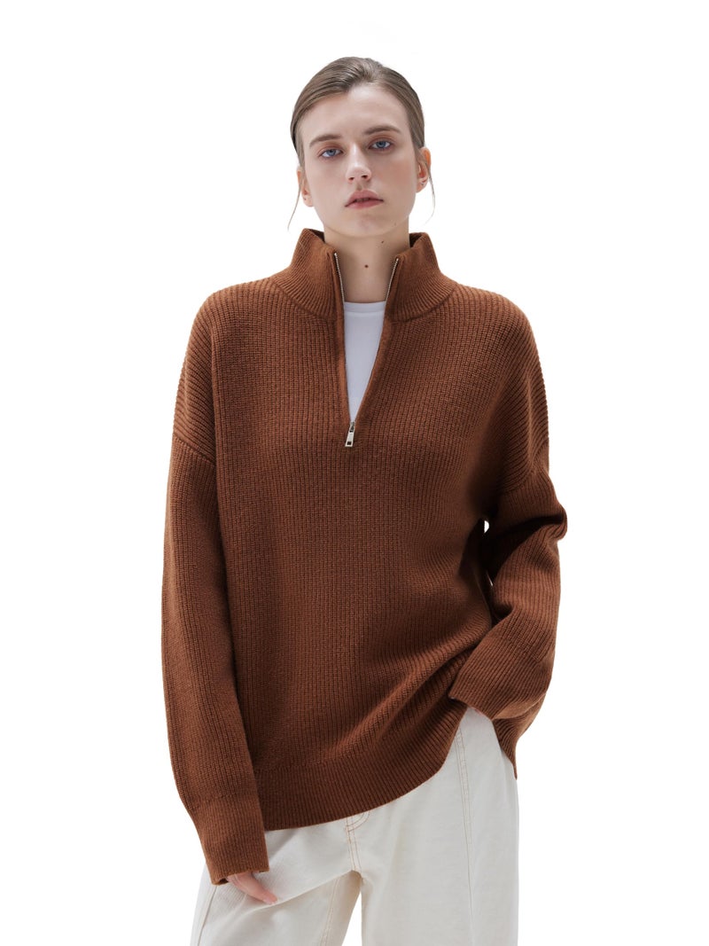 SUUKSESS Women Cashmere Blend Oversized Quarter Zip Pullover Sweater Long Sleeve Collared Ribbed Knit Jumper Tops (Caramel, L) - Image 2