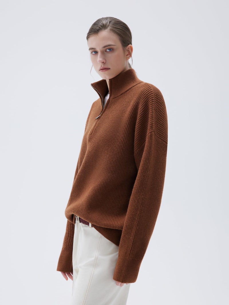 SUUKSESS Women Cashmere Blend Oversized Quarter Zip Pullover Sweater Long Sleeve Collared Ribbed Knit Jumper Tops (Caramel, L) - Image 3
