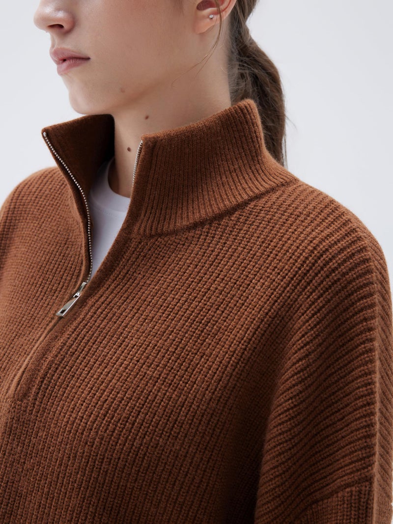 SUUKSESS Women Cashmere Blend Oversized Quarter Zip Pullover Sweater Long Sleeve Collared Ribbed Knit Jumper Tops (Caramel, L) - Image 4