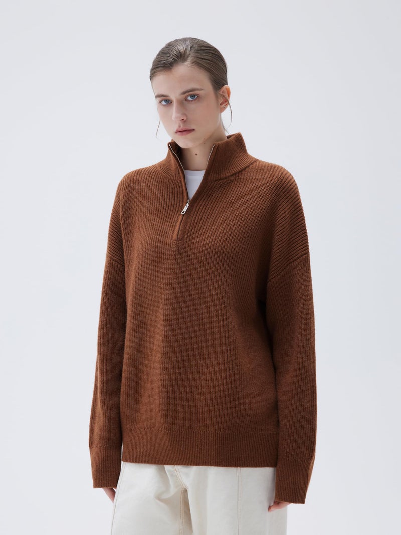 SUUKSESS Women Cashmere Blend Oversized Quarter Zip Pullover Sweater Long Sleeve Collared Ribbed Knit Jumper Tops (Caramel, L) - Image 5