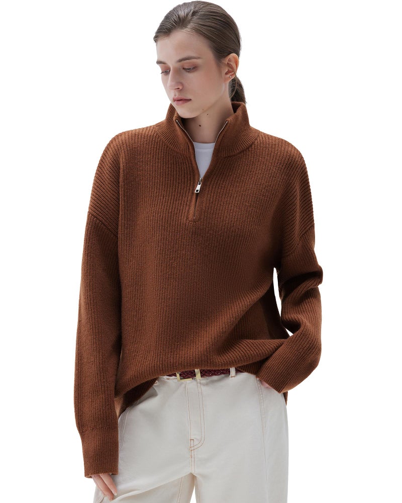 SUUKSESS Women Cashmere Blend Oversized Quarter Zip Pullover Sweater Long Sleeve Collared Ribbed Knit Jumper Tops (Caramel, L) - Image 1