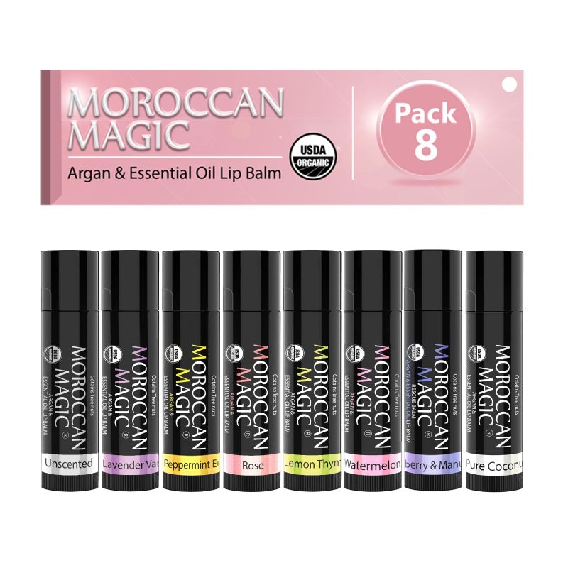 Moroccan Magic Organic Lip Balm Variety Pack Gift Set  Natural Argan and Essential Oils  Smooth  NonToxic Cruelty Free  8 Pack