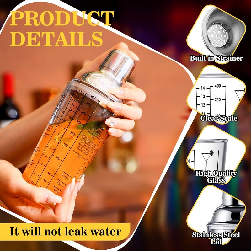 Rtteri 4 Pcs Cocktail Shaker Set 14 oz Martini Glass Shaker Cup Stainless Steel Drink Shaker Tool Margarita Bartender Kit Cocktail Mixers with Measuring Jigger Mixing Spoon for Bar - Image 3