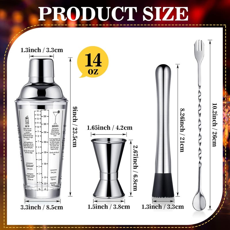 Rtteri 4 Pcs Cocktail Shaker Set 14 oz Martini Glass Shaker Cup Stainless Steel Drink Shaker Tool Margarita Bartender Kit Cocktail Mixers with Measuring Jigger Mixing Spoon for Bar - Image 2