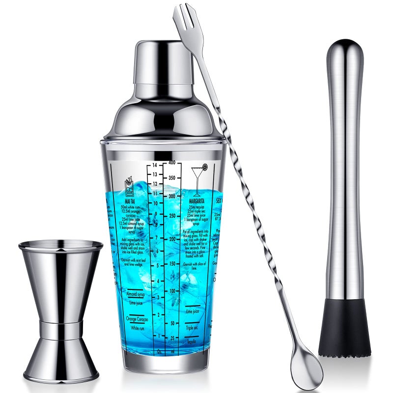 Rtteri 4 Pcs Cocktail Shaker Set 14 oz Martini Glass Shaker Cup Stainless Steel Drink Shaker Tool Margarita Bartender Kit Cocktail Mixers with Measuring Jigger Mixing Spoon for Bar - Image 1