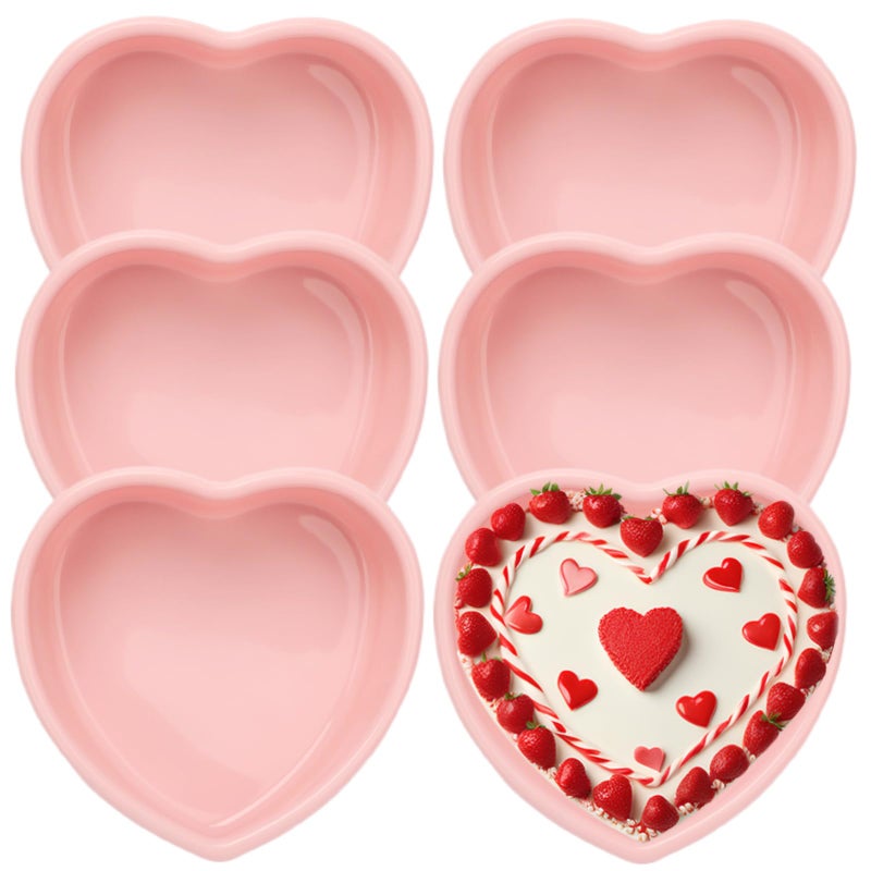 HEYTIMI 6 PCS Silicone Heart Shaped Cake Pans 5 Inches Mini Heart Shaped Cake Pans Nonstick Heart Baking Cake Mold for Birthday, Wedding (pink, 5inch-6pack) - Image 1