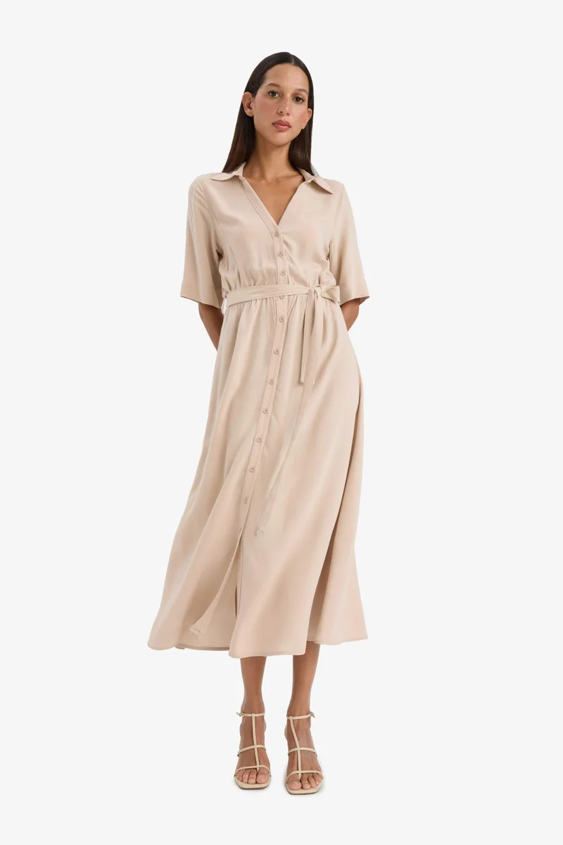 ديفاكتو Shirt Collar Belted Short Sleeve Midi Dress