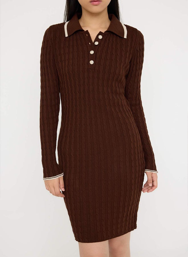 trendyol Teen Brown*001 Bodycone Polo Neck Mini Knitwear Straight Mini Dress - Image 3