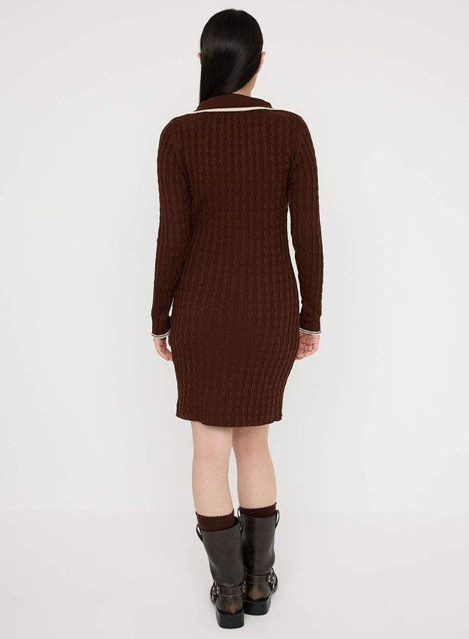 trendyol Teen Brown*001 Bodycone Polo Neck Mini Knitwear Straight Mini Dress - Image 4