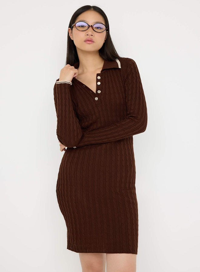 trendyol Teen Brown*001 Bodycone Polo Neck Mini Knitwear Straight Mini Dress - Image 2