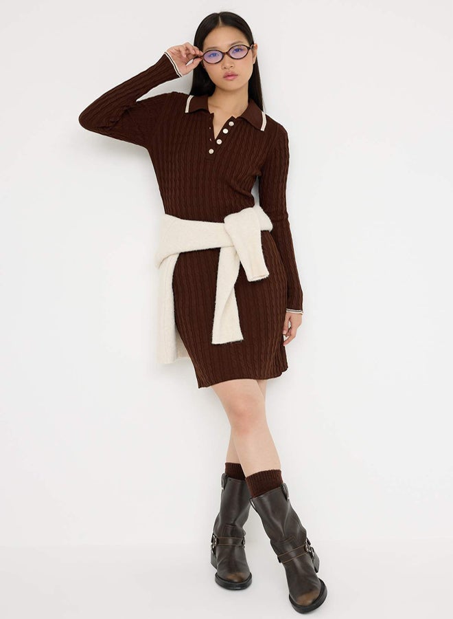 trendyol Teen Brown*001 Bodycone Polo Neck Mini Knitwear Straight Mini Dress - Image 1