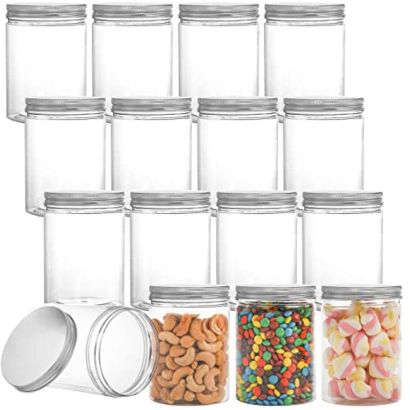16 Pack Clear Plastic Jars Bottles Containers with Silver Ribbed Lids 20oz Straight Cylinders Storage Canisters for Food and Home Storage - Image 1