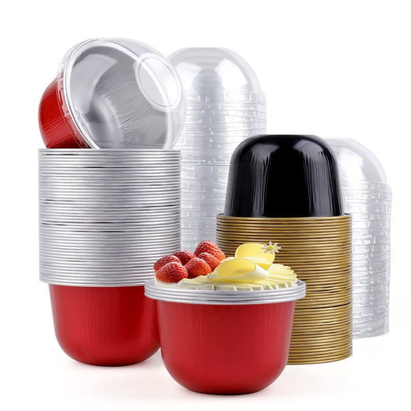 Hacaroa 100 Pcs Aluminum Foil Baking Cups with Dome Lids 6 Oz Disposable Cupcake Liners Ramekins Reusable Mini Muffin Case Dessert Containers for Wedding Birthday Party 2 Colors
