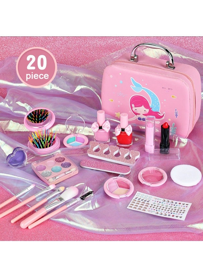 20PCs Children's Toy Cosmetics, A Washable And Removable Cosmetic Box Designed For Little Girls, Contains Unicorn And Mermaid-Themed Makeup Tools, Equipped With A Cute Princess Cosmetic Bag, Suitable For Little Girls To Pretend To Be Toys - Image 1