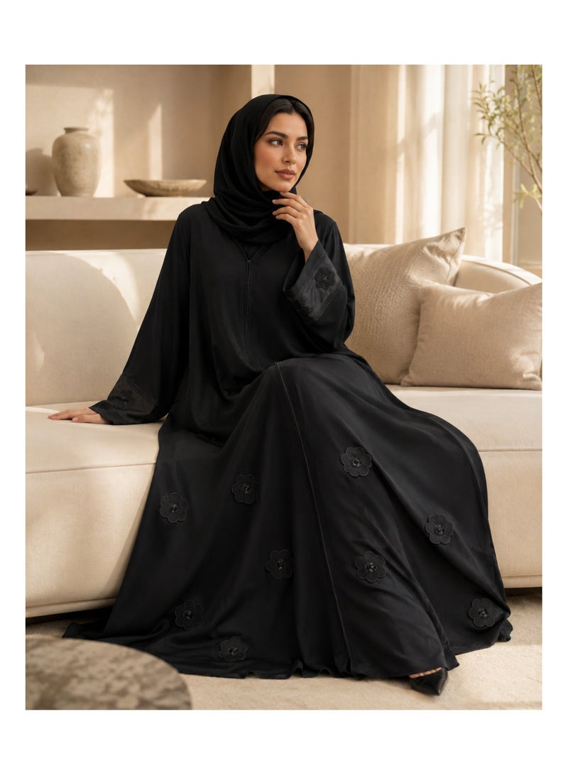 KAVALEE Women's Luxury Black Floral Appliqué Abaya with Embellished Satin Cuffs - Elegant Flowing Open-Front Abaya - Image 4