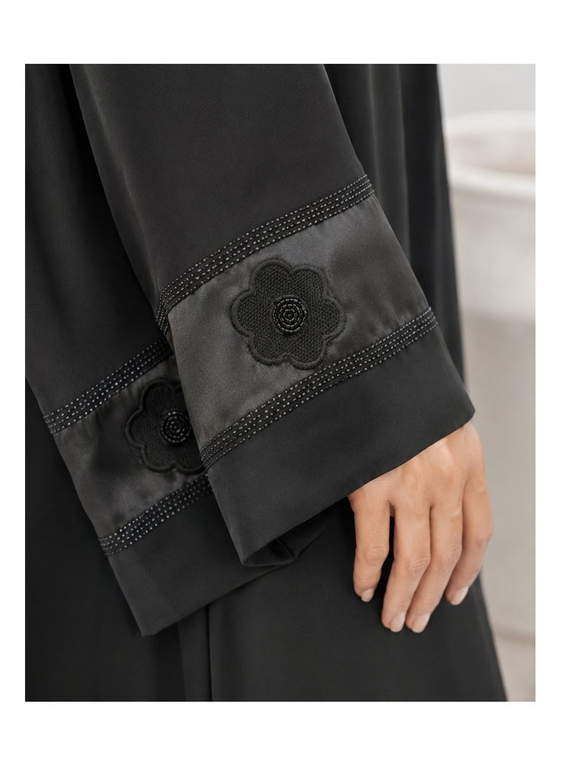 KAVALEE Women's Luxury Black Floral Appliqué Abaya with Embellished Satin Cuffs - Elegant Flowing Open-Front Abaya - Image 2