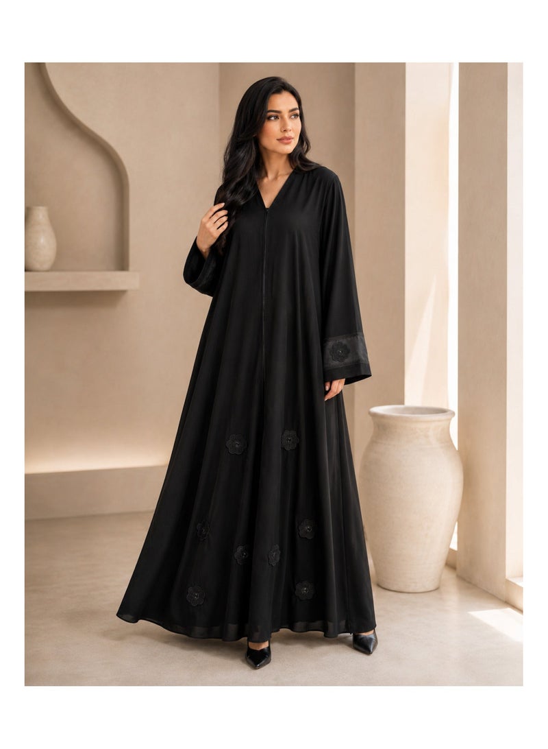 KAVALEE Women's Luxury Black Floral Appliqué Abaya with Embellished Satin Cuffs - Elegant Flowing Open-Front Abaya - Image 1