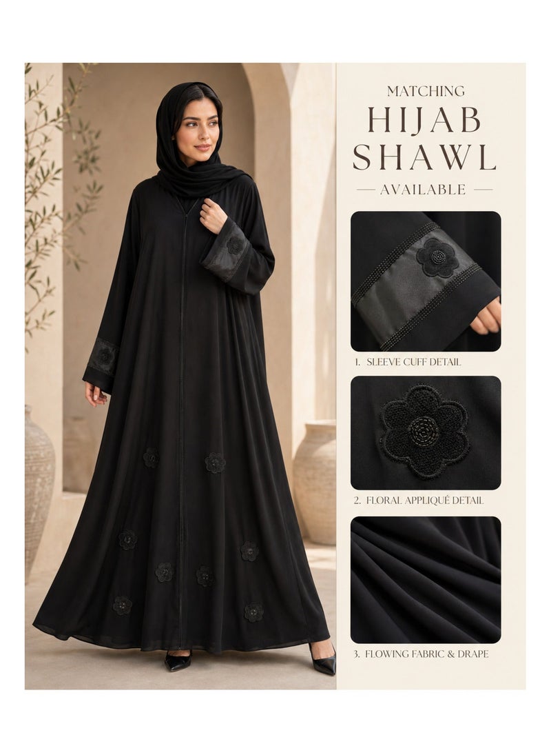 KAVALEE Women's Luxury Black Floral Appliqué Abaya with Embellished Satin Cuffs - Elegant Flowing Open-Front Abaya - Image 3