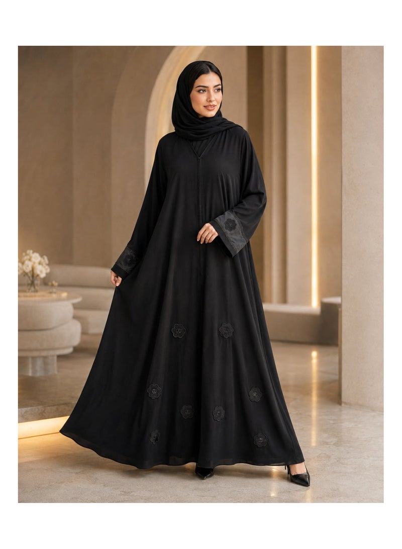 KAVALEE Women's Luxury Black Floral Appliqué Abaya with Embellished Satin Cuffs - Elegant Flowing Open-Front Abaya - Image 5
