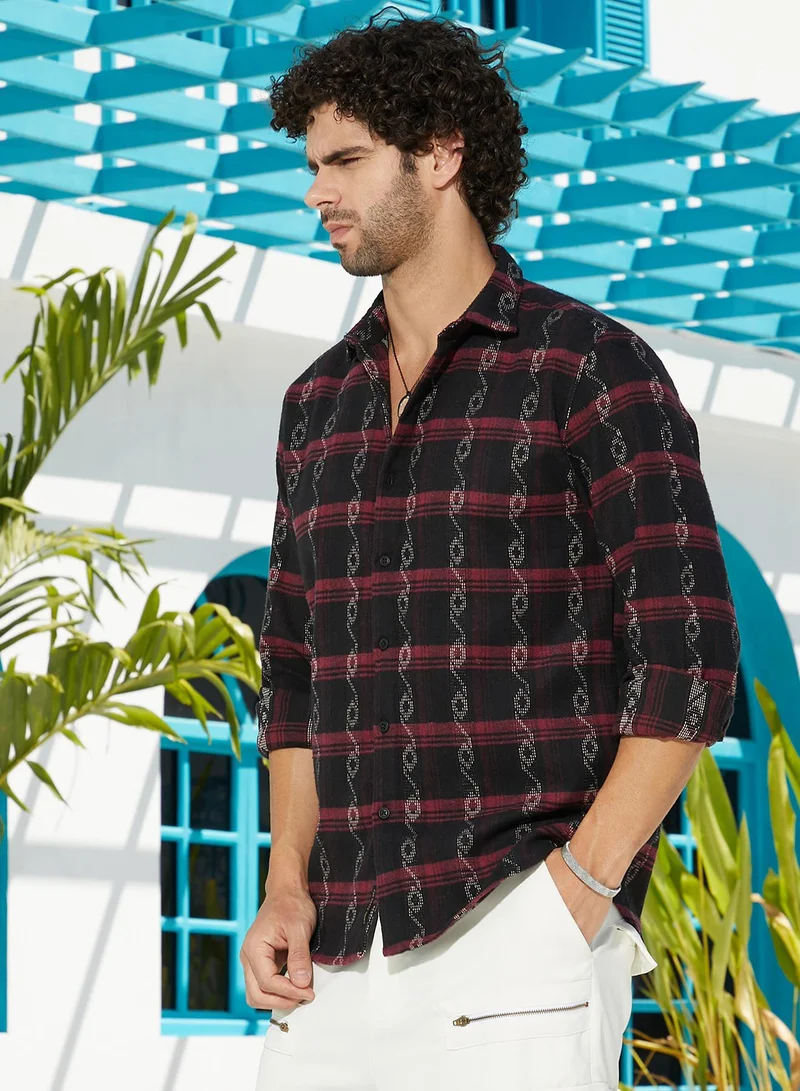 Campus Sutra Men's Onyx Black & Crimson Red Indie-Checkered Shirt