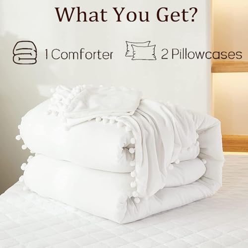 Bedbay Boho Bedding Comforter Set Kids Bedding Twin Cute Ball Pom Pom Fringe Farmhouse Bedding White and Beige Reversible Preppy Comforter Set(White&Beige,Twin) - Image 5