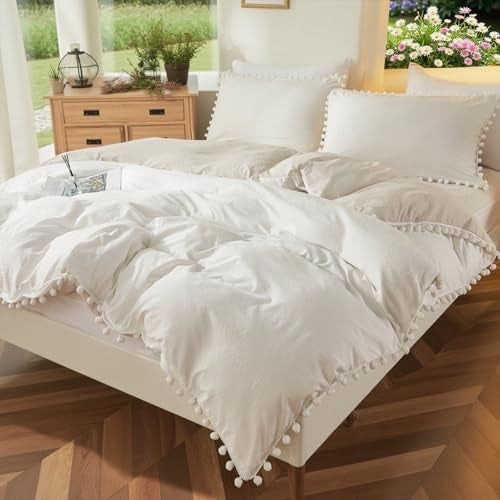Bedbay Boho Bedding Comforter Set Kids Bedding Twin Cute Ball Pom Pom Fringe Farmhouse Bedding White and Beige Reversible Preppy Comforter Set(White&Beige,Twin) - Image 2