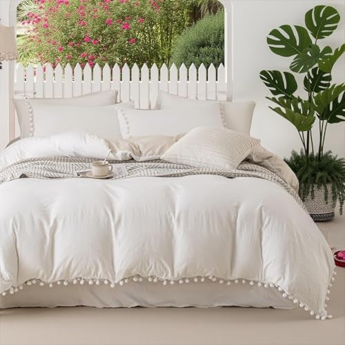 Bedbay Boho Bedding Comforter Set Kids Bedding Twin Cute Ball Pom Pom Fringe Farmhouse Bedding White and Beige Reversible Preppy Comforter Set(White&Beige,Twin) - Image 1
