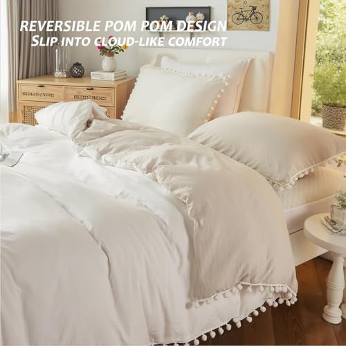 Bedbay Boho Bedding Comforter Set Kids Bedding Twin Cute Ball Pom Pom Fringe Farmhouse Bedding White and Beige Reversible Preppy Comforter Set(White&Beige,Twin) - Image 3