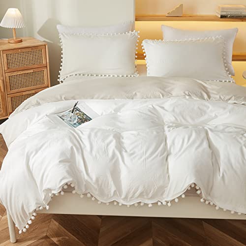Bedbay Boho Bedding Comforter Set Kids Bedding Twin Cute Ball Pom Pom Fringe Farmhouse Bedding White and Beige Reversible Preppy Comforter Set(White&Beige,Twin) - Image 4