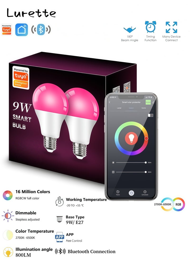 Lurette 9W E27 Base Smart Bulb, Bluetooth Connection, Remote Control, Tuya Smart App Control, 800LM Color Changing LED Bulb, 16 million color adjustments (2 Pack) - Image 1