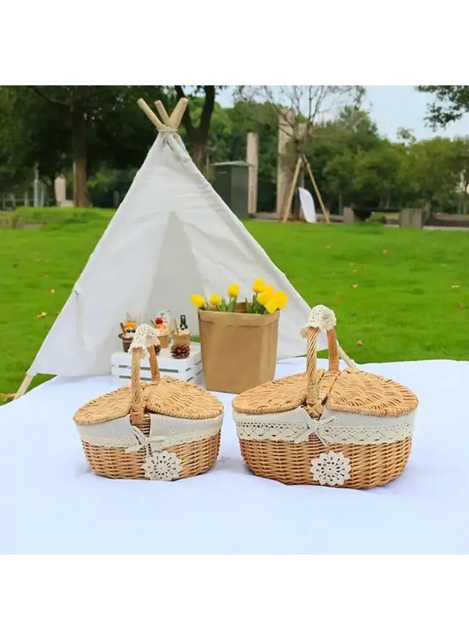 Generic Outdoor Picnic Camping Storage Basket, Handwoven Rattan Shopping Holder Basket with Lid,  Portable Kitchen Storage Basket For Outdoor Picnic  - Image 3