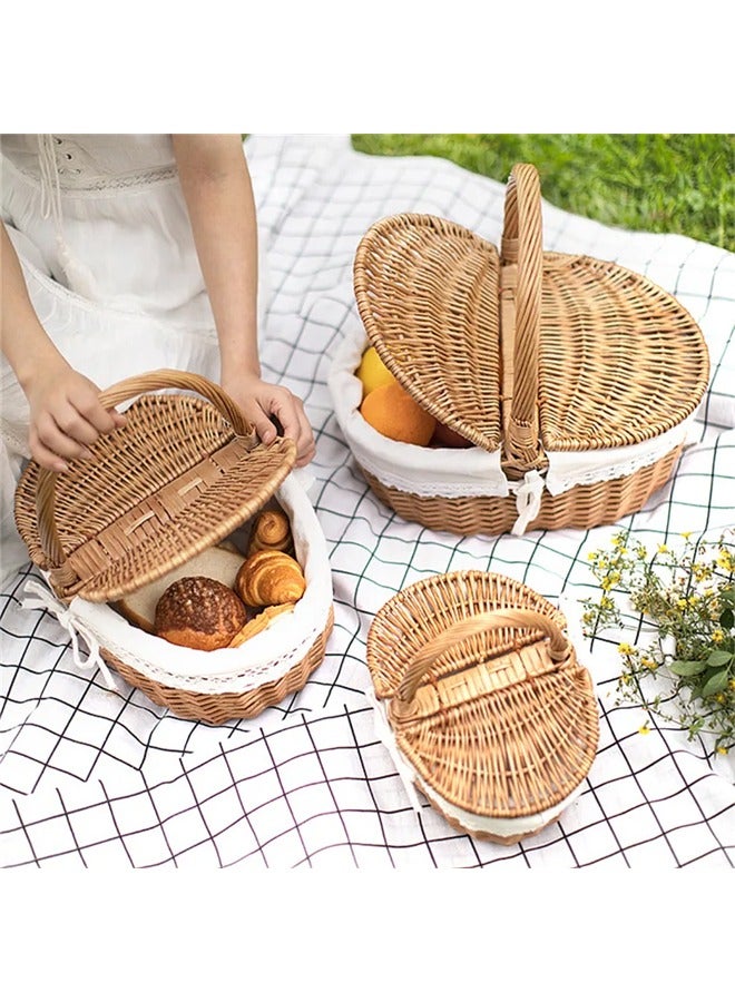 Generic Outdoor Picnic Camping Storage Basket, Handwoven Rattan Shopping Holder Basket with Lid,  Portable Kitchen Storage Basket For Outdoor Picnic  - Image 4