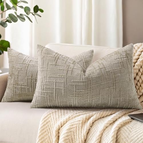 decorUhome Light Brown Chenille Throw Pillow Covers 12x20 Set of 2 Textured Soft Cozy Slubby Couch Pillow Covers Modern Farmhouse Boho Decorative Pillow Cases for Bed Sofa Living Room - Image 1