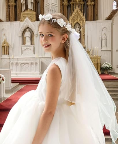 Floral Fall First Communion Flower Girl Bow Wedding Veil White Flower Wreath Pearl Rhinestone Floral Crown White Pearl Crown - Image 3