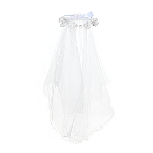 Floral Fall First Communion Flower Girl Bow Wedding Veil White Flower Wreath Pearl Rhinestone Floral Crown White Pearl Crown - Image 1