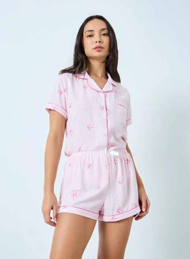 Take Two  Pink Striped Bow Print Shirt and Shorts Set for Women | Best Price UAE
