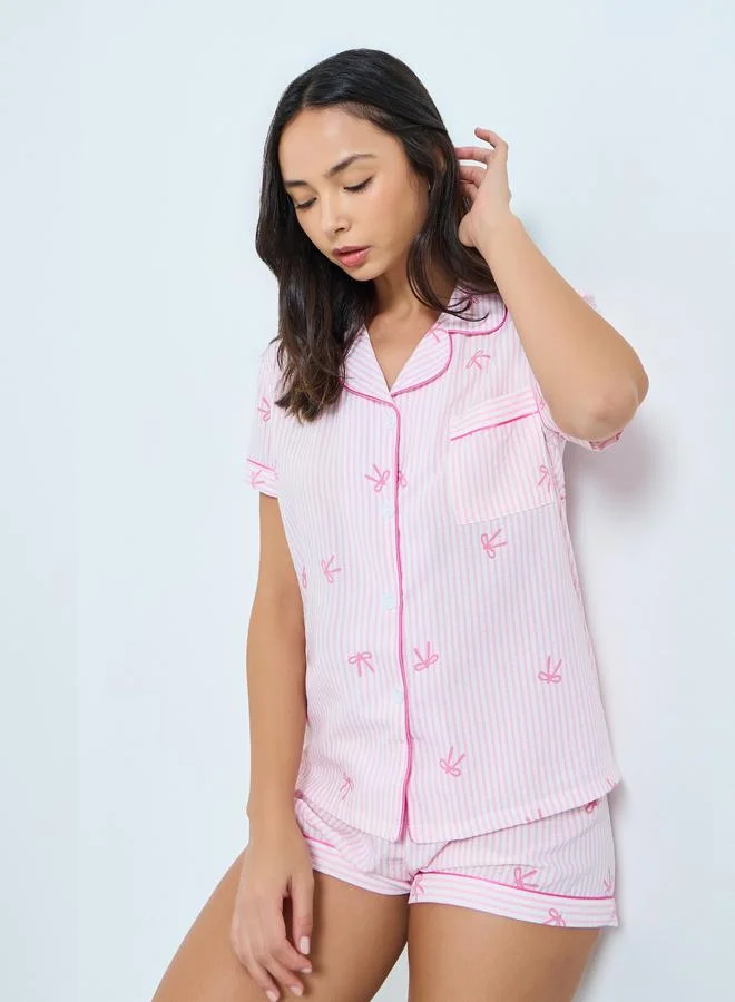Take Two Pink Striped Bow Print Shirt and Shorts Set