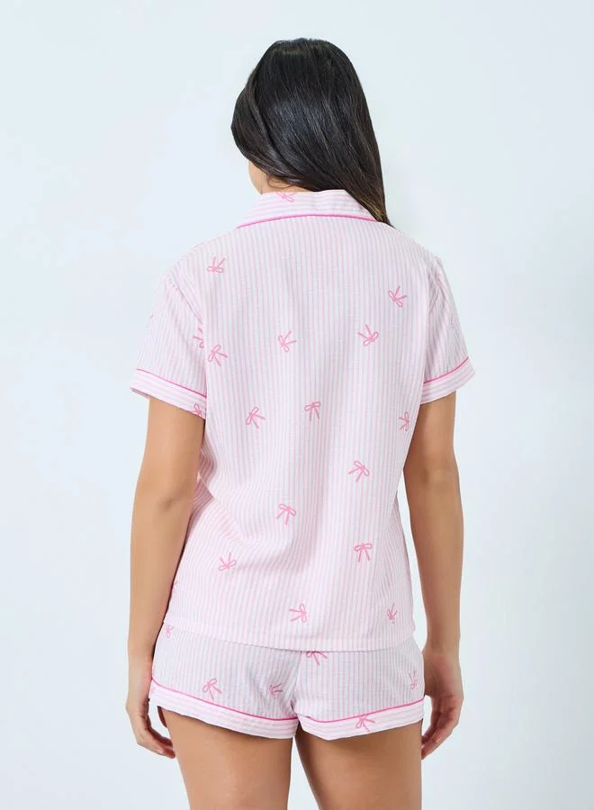 Take Two  Pink Striped Bow Print Shirt and Shorts Set for Women | Best Price UAE