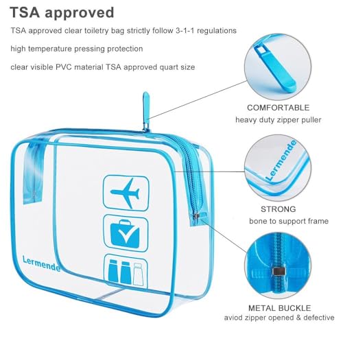 Lermende 2pcs Clear Toiletry Bag TSA Approved Travel Bag,Carry On for Travel,Airport Airline Accessories Compliant Bag,Quart Sized Makeup Cosmetic bag Women Men (Blue, 2 Pack) - Image 3