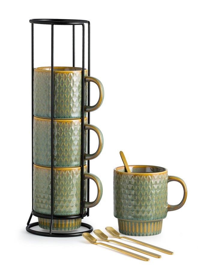 LYEOBOH Coffee Mug, Coffee Mugs Set of 4, Stackable Coffee Mugs with Rack and Spoons - 13 Oz Cup Set with Stand, Ceramic Mugs for Home & Kitchen, Blue and Green - Image 1